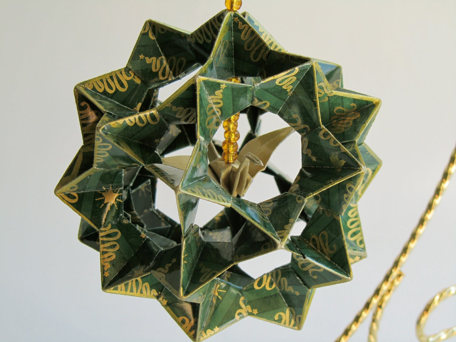 MOTHERS DAY GIFT Ornament Home Décor 3D Modular Origami HANDMADe in Green With Gold Printed on Gold Tone Metal Ornament Stand One Of A Kind