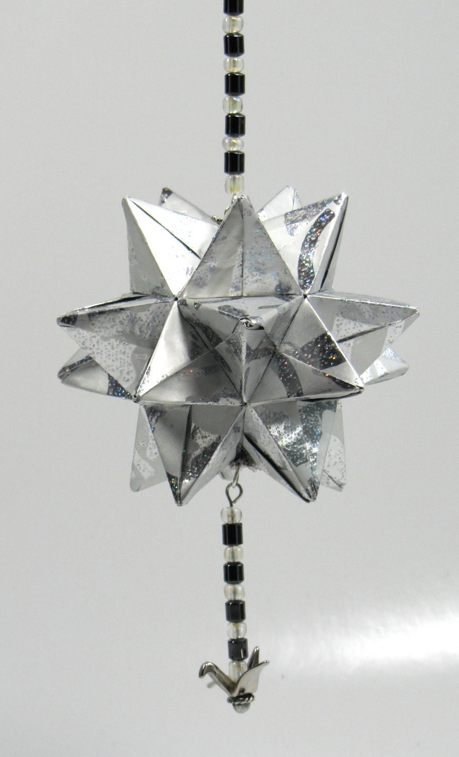 Christmas Ornament Holiday Home Décor Modular 3D Origami Star Ball, HANDMADE in Shimmery Silver Paper on Silver Tone Ornament Stand OOAK