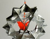 Home Decoration 3D Modular Origami Ornament Décor Handmade in Shimmery Metallic Silver With Fluorescent Orange Crane on Ornament Stand OOAK