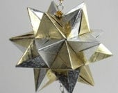 Mothers Day Gift Ornament Home Décor Modular 3D Origami Star Ball, HANDMADE in Metallic Gold and Silver on Gold Tone Ornament Stand OOAK