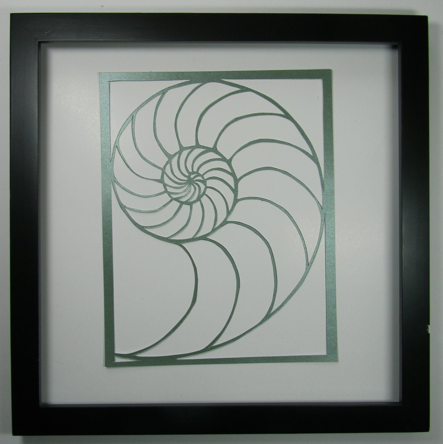 NAUTILUS Shell Silhouette Paper Cutout in Shimmery Light Green Symbolic Wall Art Home Décor ORIGINAL Design SIGNED Hand Cut Framed OOaK
