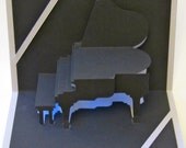 Pop Up Card 3D GRAND PIANO Home Decoration Handmade Cut by Hand Origamic Architecture in Black and Bright Shimmery Metallic Silver.