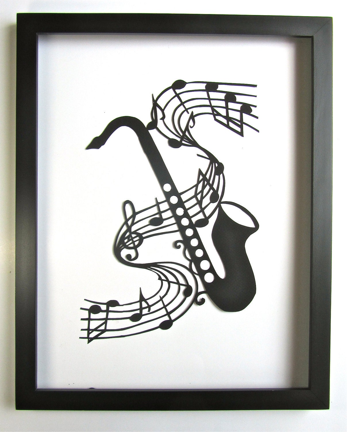 Saxophone and Music Notes  for MUSIC LOVERS Wall and Home Décor Silhouette Paper Cutout Handmade Framed One Of A Kind