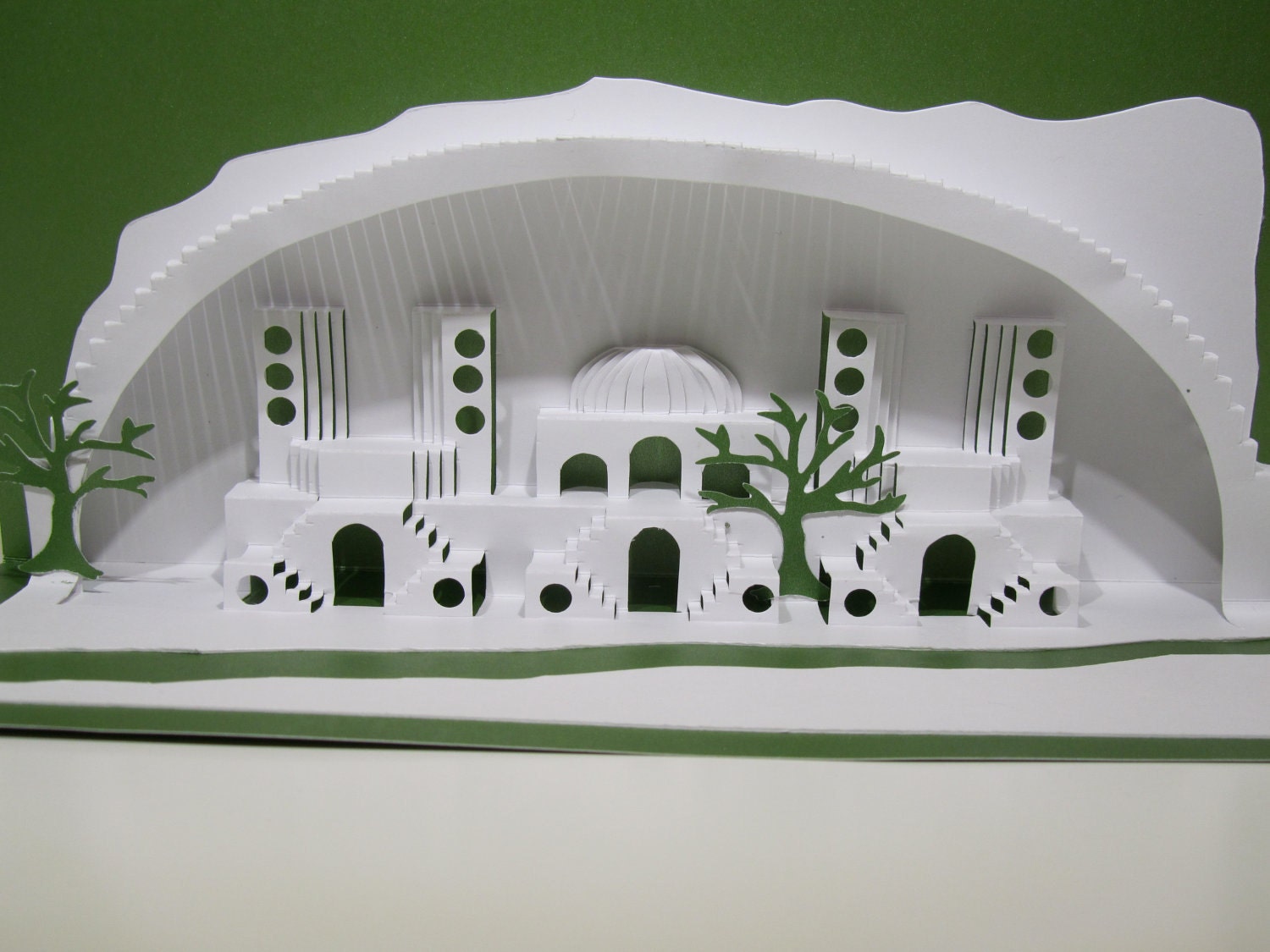 Home Decoration 3D Pop up Card ORIGINAL Origamic Architecture DESIGN of Mediterranean Landscape in White and Green OoAK SIGNED