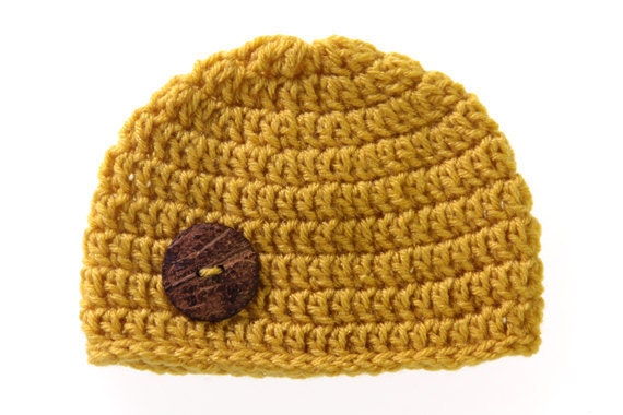 Baby Hat Mustard Yellow with Wood Button Detail  - READY TO SHIP - 6-12 months