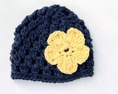 Baby Girl Hat Navy Blue with Yellow Flower