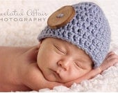 Organic Cotton Baby Boy Hat Crochet Dusty Blue with Wood Button