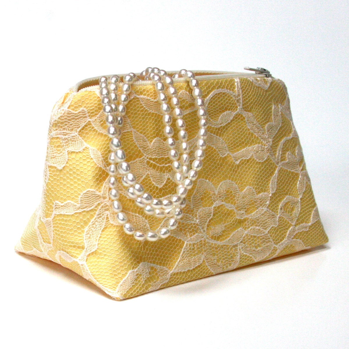 Bridesmaid Gift in Yellow and Ivory Lace - Clutch, Makeup Bag, Cosmetic Bag, Yellow Wedding Favor, Bulk Pricing Wedding Clutch