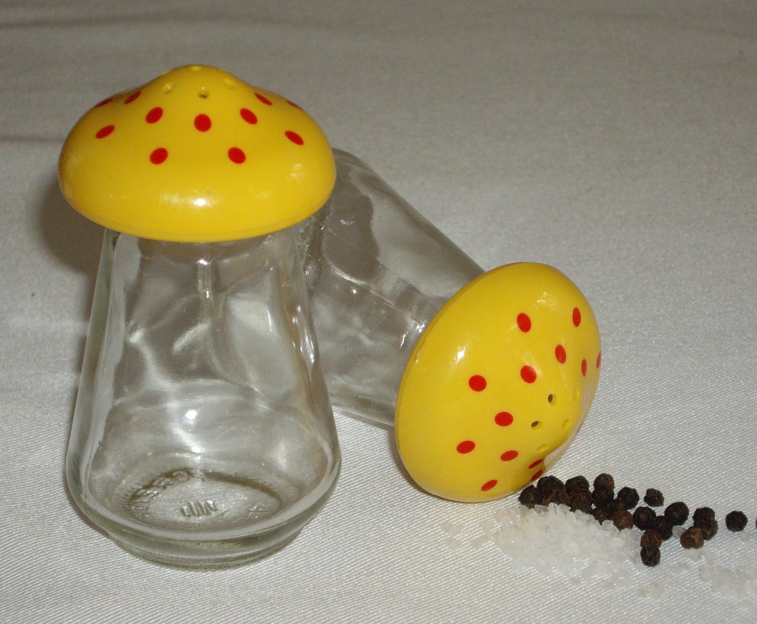 Vintage Salt and Pepper Shakers - Retro Mushroom Yellow Plastic Topped and Glass Bottom