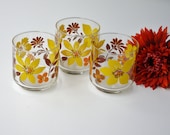 Vintage Drinking or Rocks Glasses - Sunflowers and Mums - Mid Century Set of 3 Libbey - Orange, Yellow and Brown Flowers