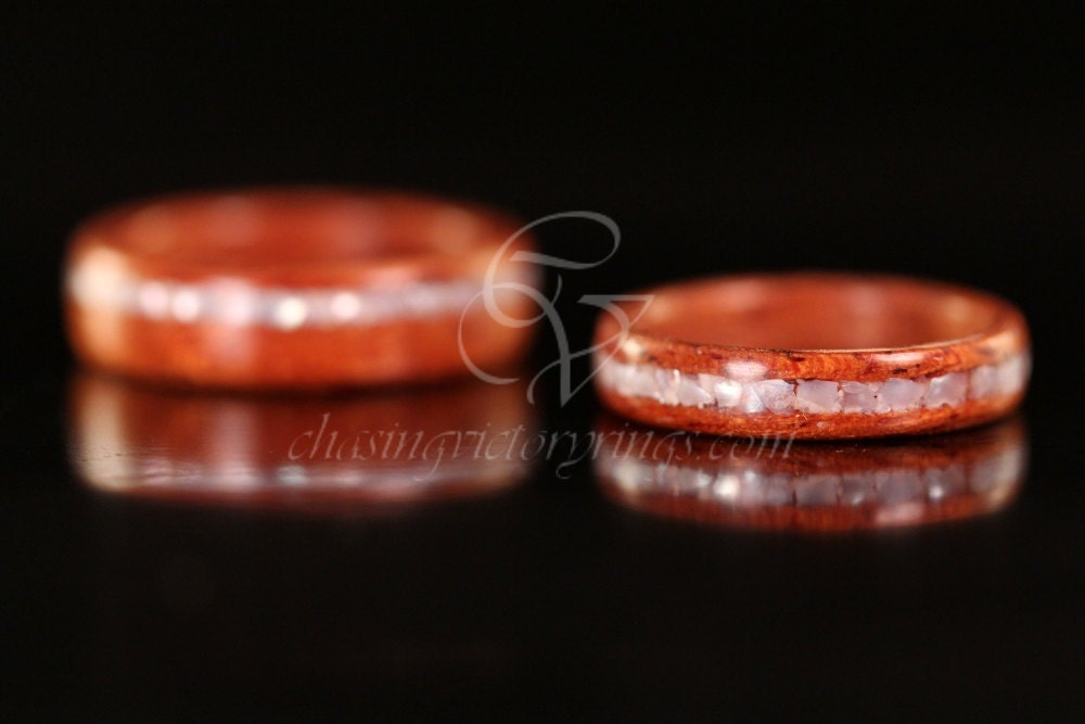 Pair of African Mahogany Bentwood Bands with Mother of Pearl Inlay Wooden Rings