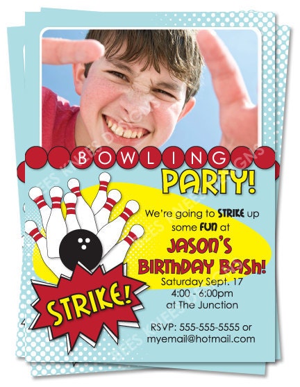 Bowling Birthday Invitation and Party Pack Bowling Theme Cupcake Toppers and wrappers Thank You card
