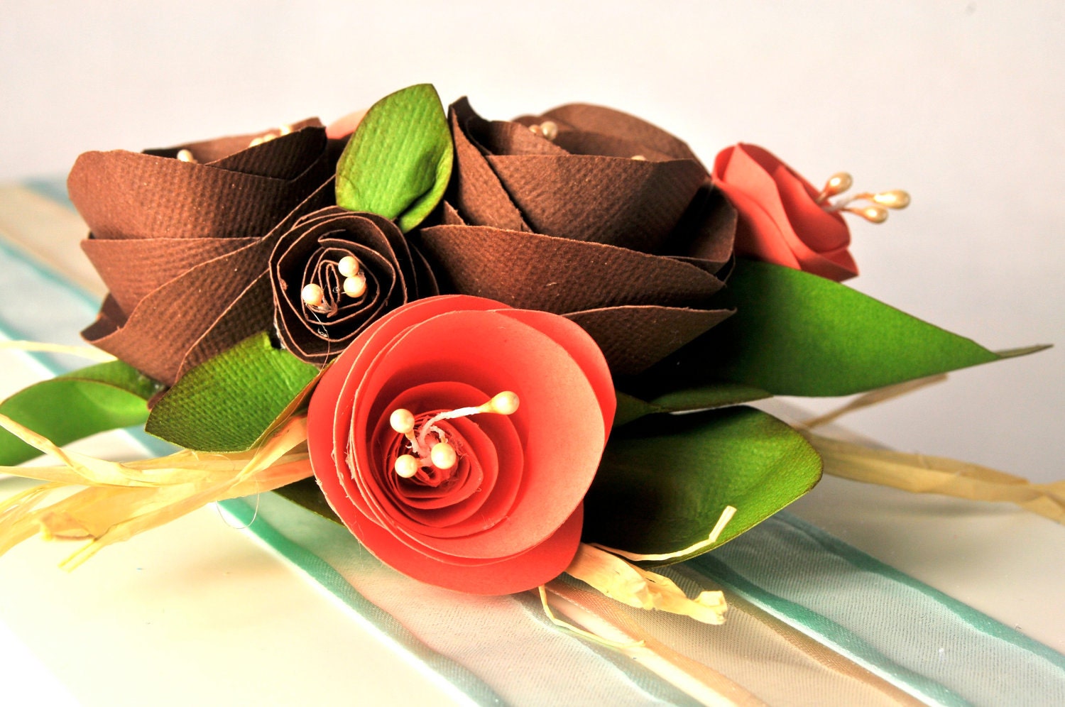 Paper Flower bouquet. Valentine's Gift embellishment / Gift topper  /  Coral and Chocolate Brown