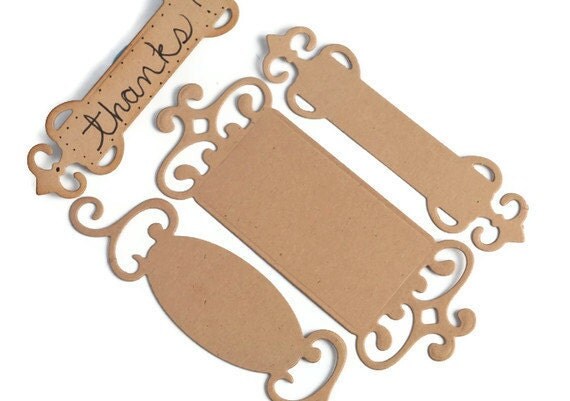 Kraft paper fancy tag labels . die cut tags with ornate edge . 12 ct . scrapbooks . brackets . brown paper . name plate . antique