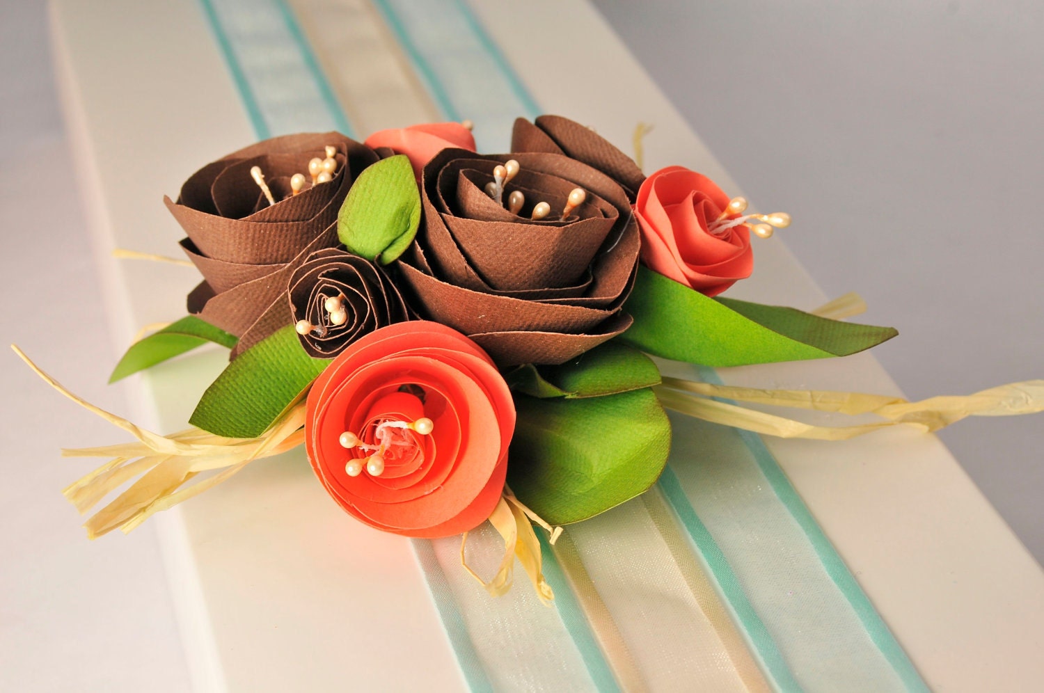 Paper Flower bouquet. Valentine's Gift embellishment / Gift topper  /  Coral and Chocolate Brown