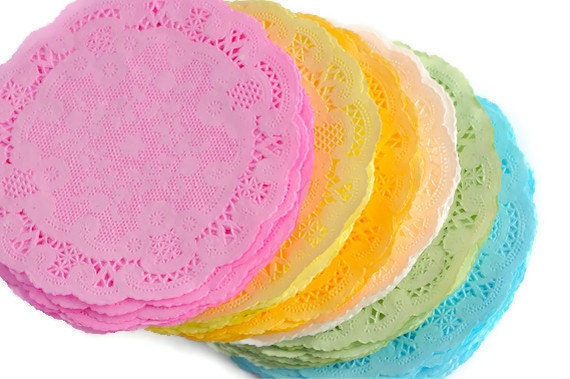 Colored French doilies . round paper . hand dyed . pastels . lace . 7 colors . 4 inch . small . gift wrap . embellishment . 35 pieces . blue
