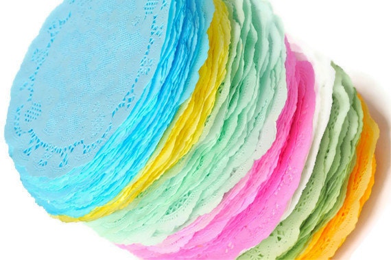 Colored French doilies . round paper . hand dyed . pastels . lace . 7 colors . 4 inch . small . gift wrap . embellishment . 35 pieces . blue