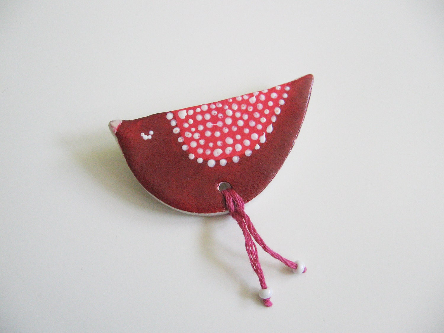 Red bird brooch- polymer clay brooch- sleeping bird- dark red and pink pattern - aplusdesignnn