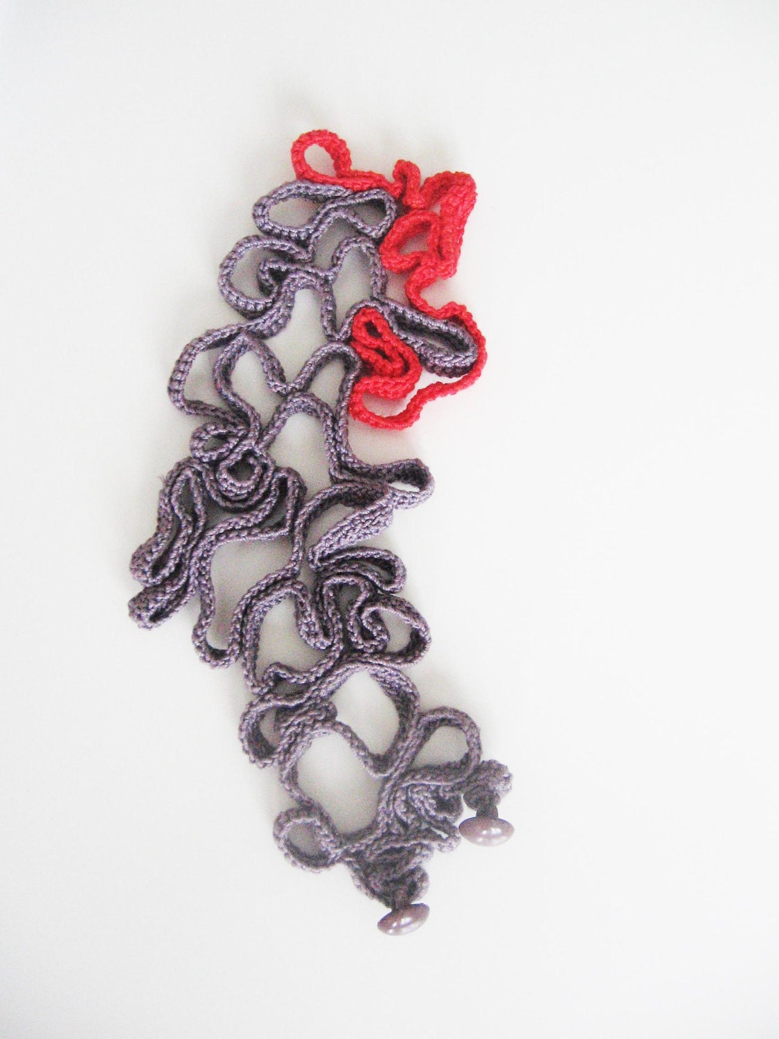 River topography- crocheted cuff bracelet- red and grey crochet -ooak