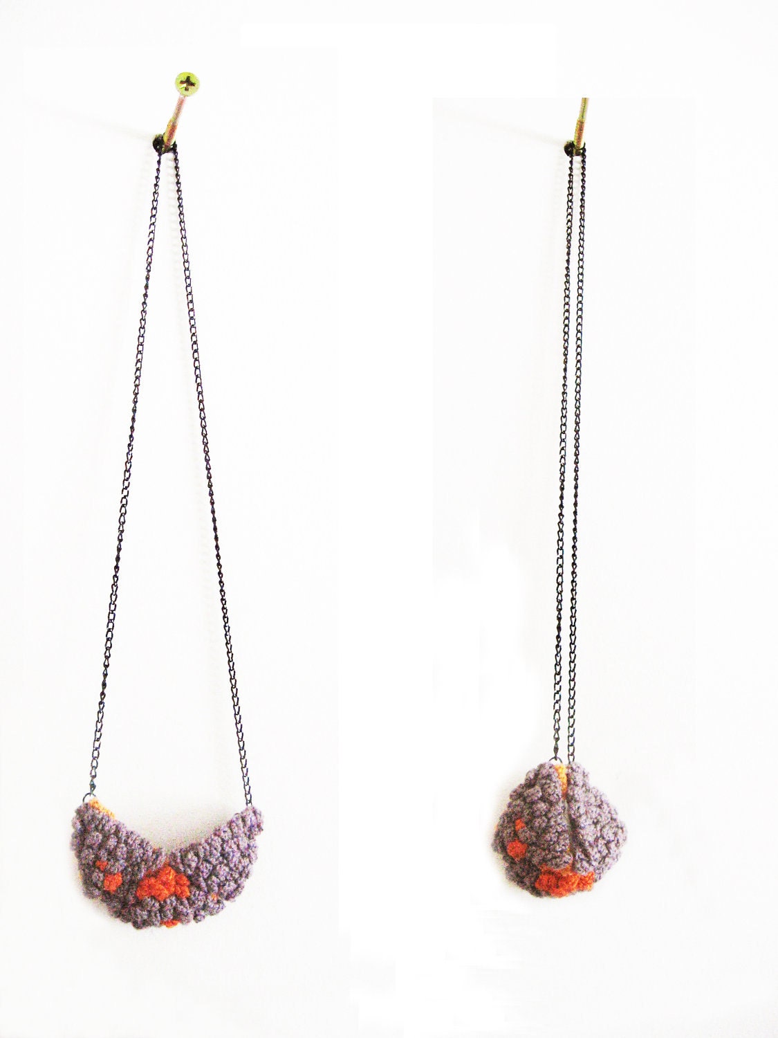 Crochet orange stich necklace- gray and orange color- 2 in 1 necklace-transformable jewelry "Modify Me"