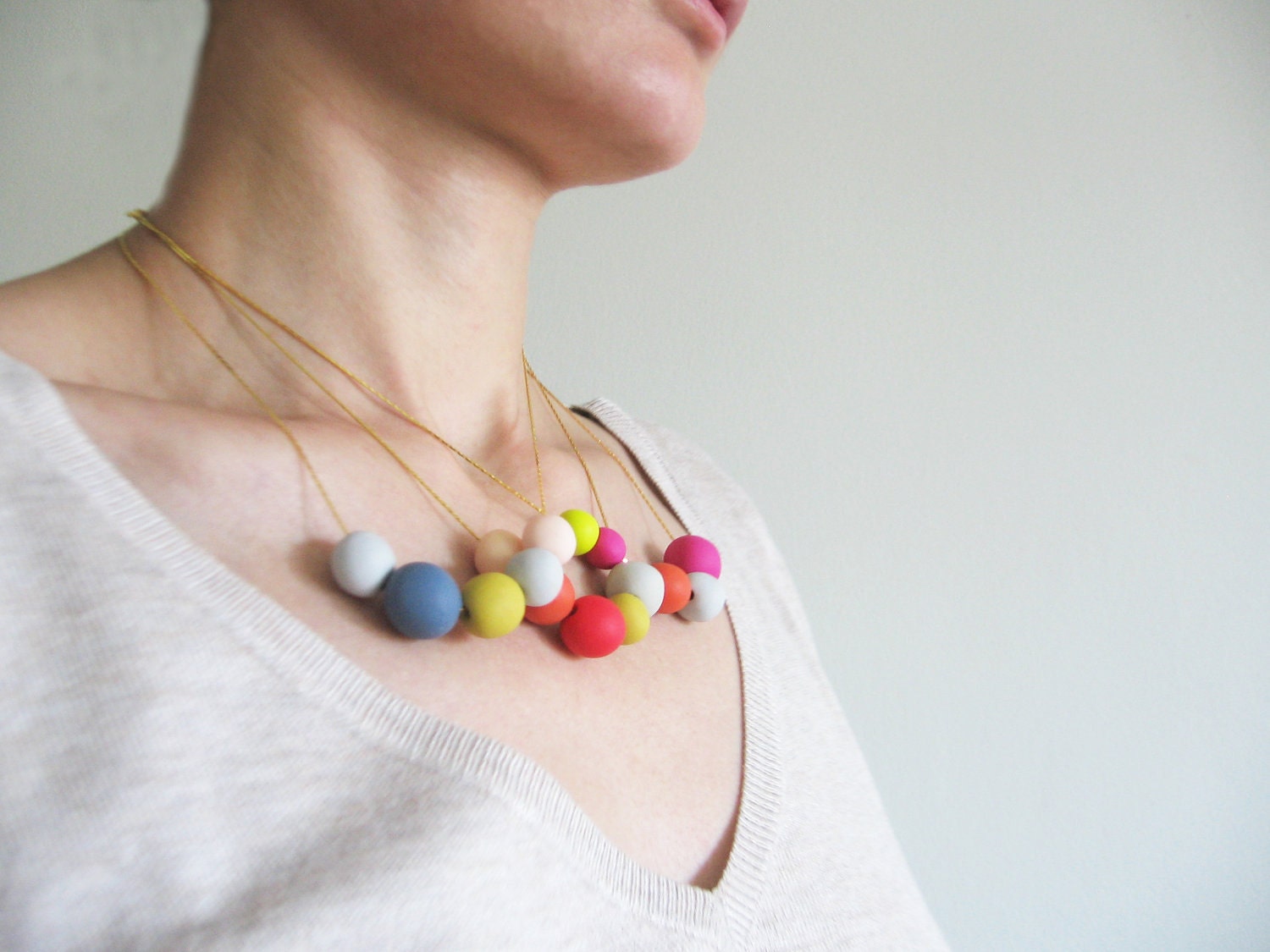 Colorful mustard tangerine blue polymer clay necklace - beads necklace- minimalist jewelry " Round and round"