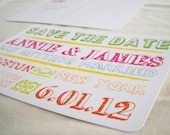 Save the Date Enagement Postcards with Neon Colors on 4x6 Card with Grunge and Sketch Type
