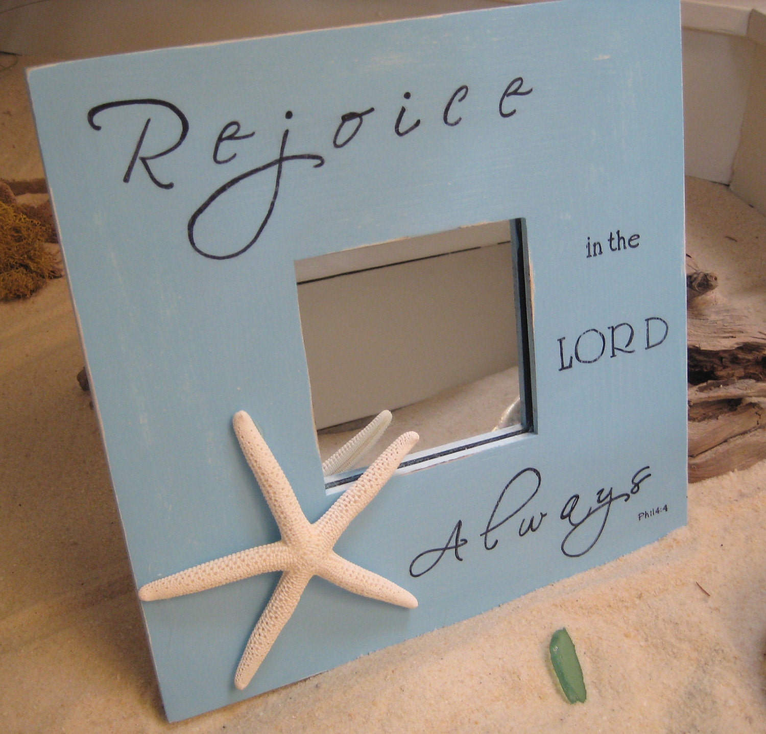 Beachy Mirror w/ Bible Verse - 10x10 - Aqua & Black with Starfish