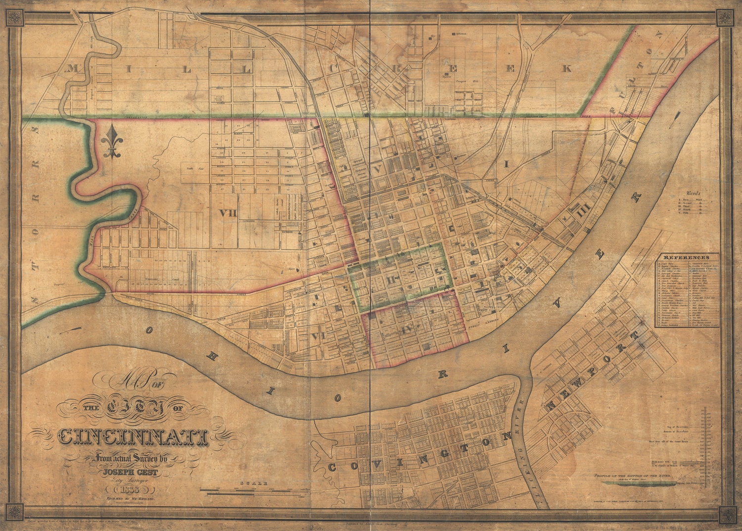 1838 Cincinnati Ohio, Survey Map by Joseph Gest NICE High Quality Giclee Reproduction MAP 22"x16"