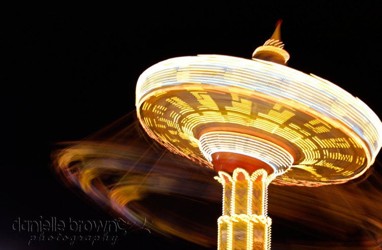 Fine Art Photo, Swings Carnival Ride Night Lights Boardwalk Summer Motion Spinning, Matted 8x12 - Brownielle
