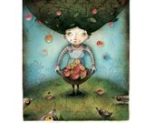 Apple tree print of an original watercolor painting, tree print kid nursery room decor, apple print, bird print - NanuGraphic