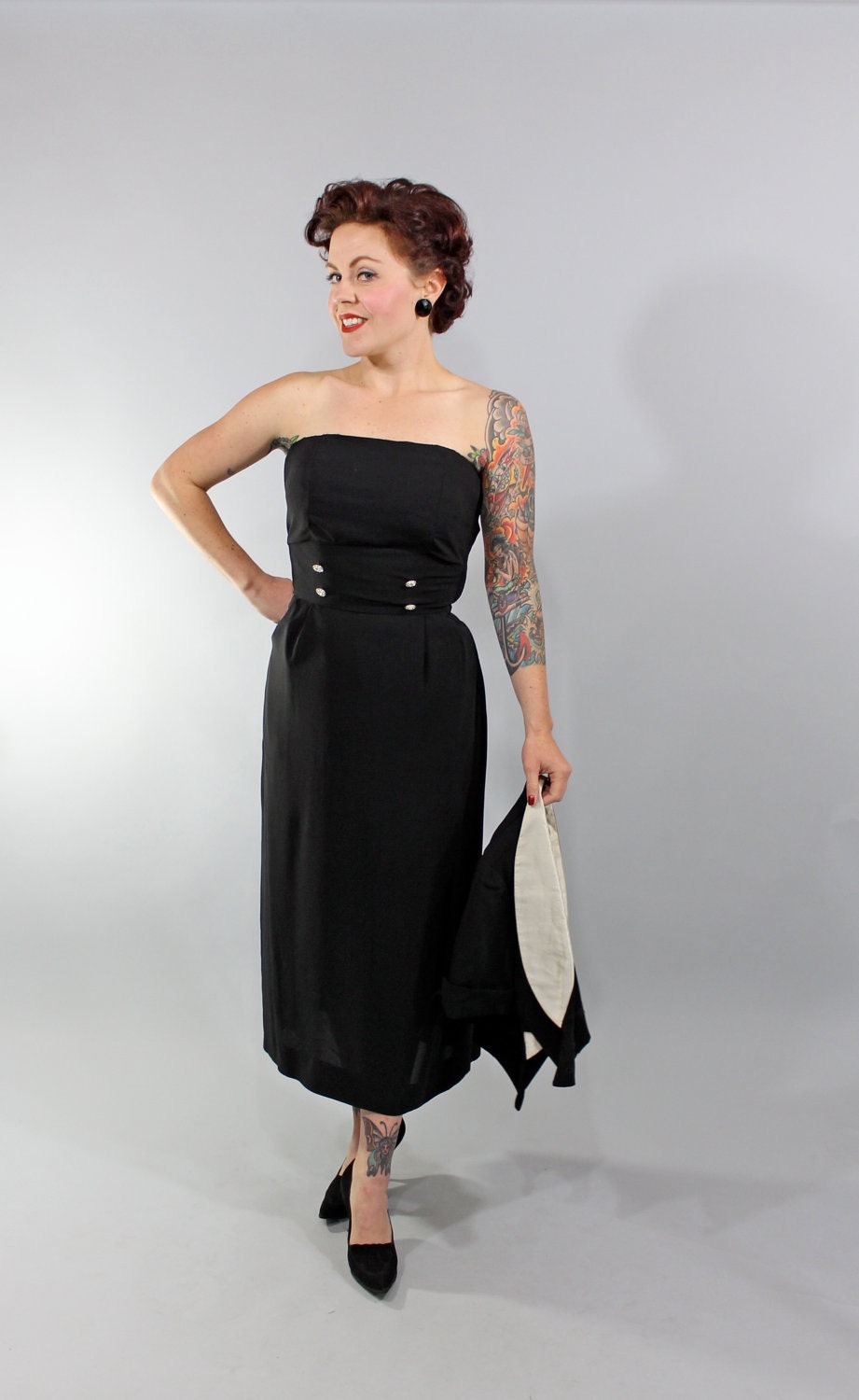 1950s Vintage Dress Set...Formal Party Fashion Black Rayon Strapless Cocktail Dress with Matching Jacket with Silk Trim Size Small
