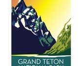 8 x 10 Grand Tetons Wyoming mountains digital print, retro style illustration