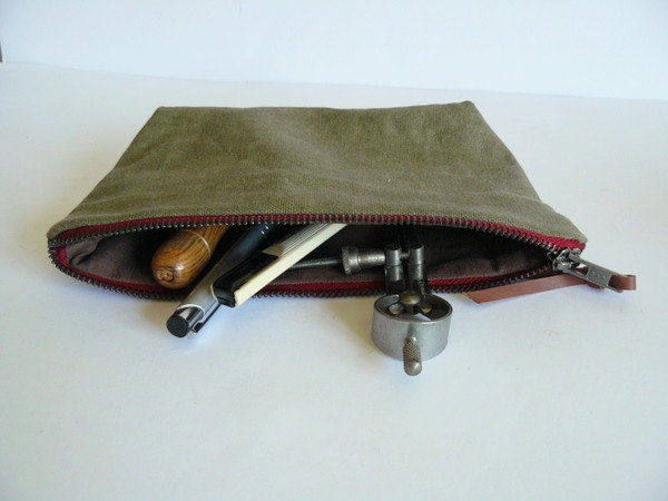 Handmade vintage olive green/ khaki resin canvas with red zipper pencil case