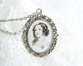 Women portrait pendant necklace, vintage style jewelry, oval pendant