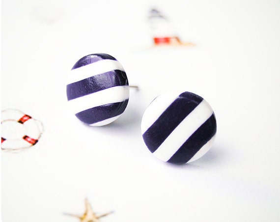 Navy striped stud earrings, nautical jewelry, white blue post earrings, round ear studs