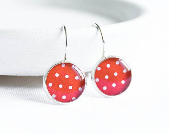 Red polka dot earrings - simple white red jewelry, cute, leverback bright earrings
