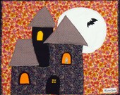 art quilt spooky halloween applique "The Haunted House" with Alexander Henry owl,  black bat