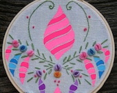 Tasty Ornament, acrylic gouache painting on vintage embroidered linen textile, neon, fluorescent, pink