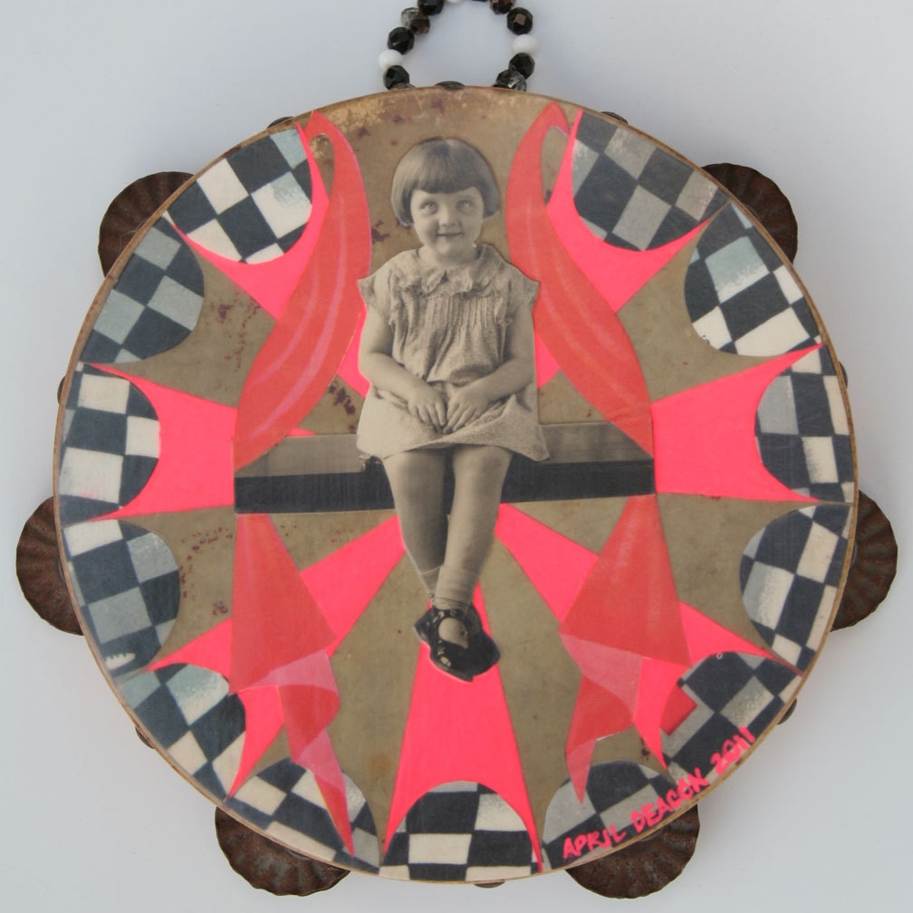 OH, Isn't It GRAND, Mixed media original on vintage tambourine