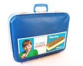 vintage upcycled suit case blue with Ice cream sandwich ad