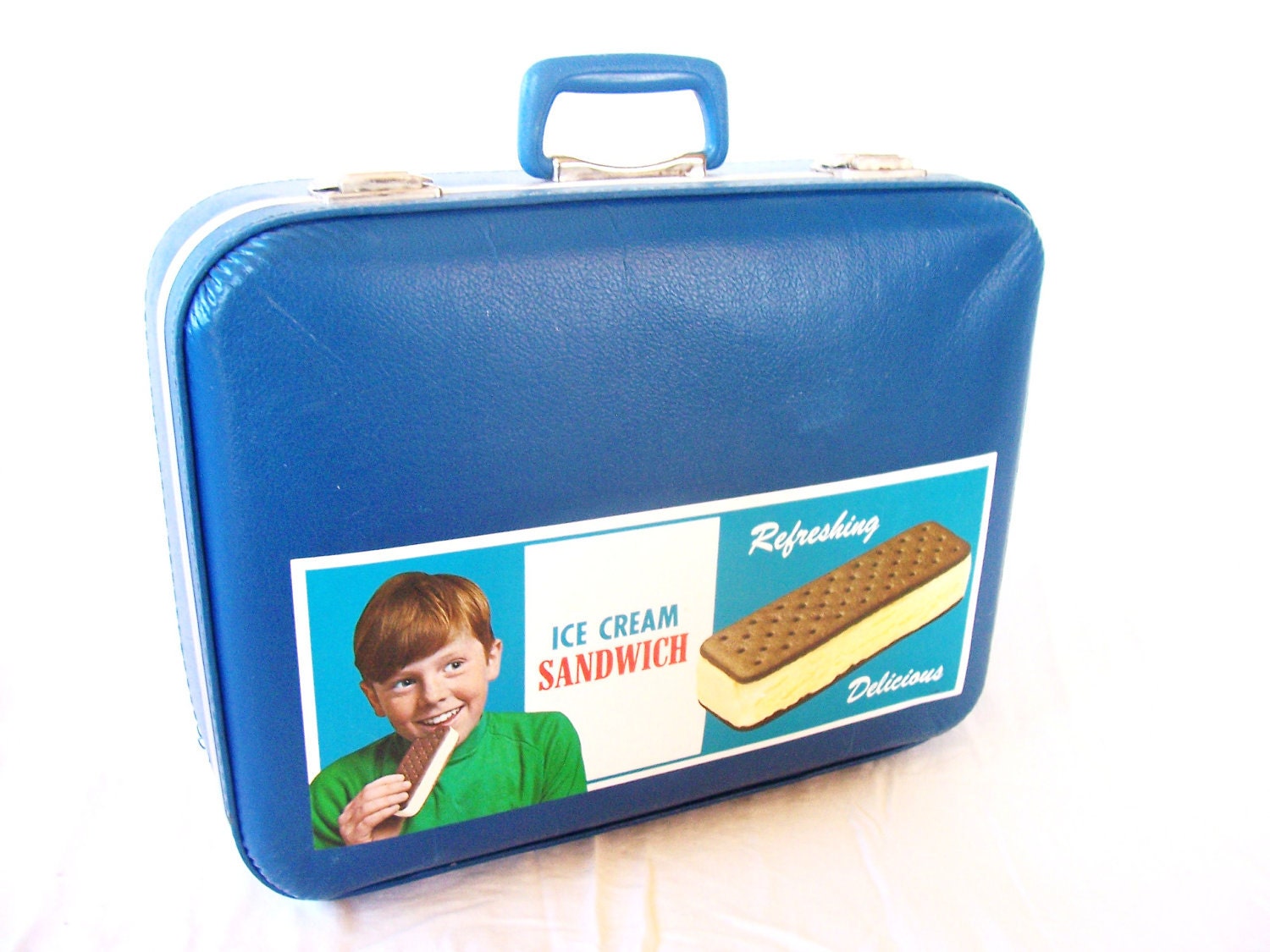 vintage upcycled suit case blue with Ice cream sandwich ad