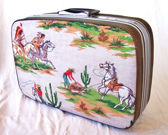 vintage upcycled suitcase, retro cowboy and indians fabric,  samsonite