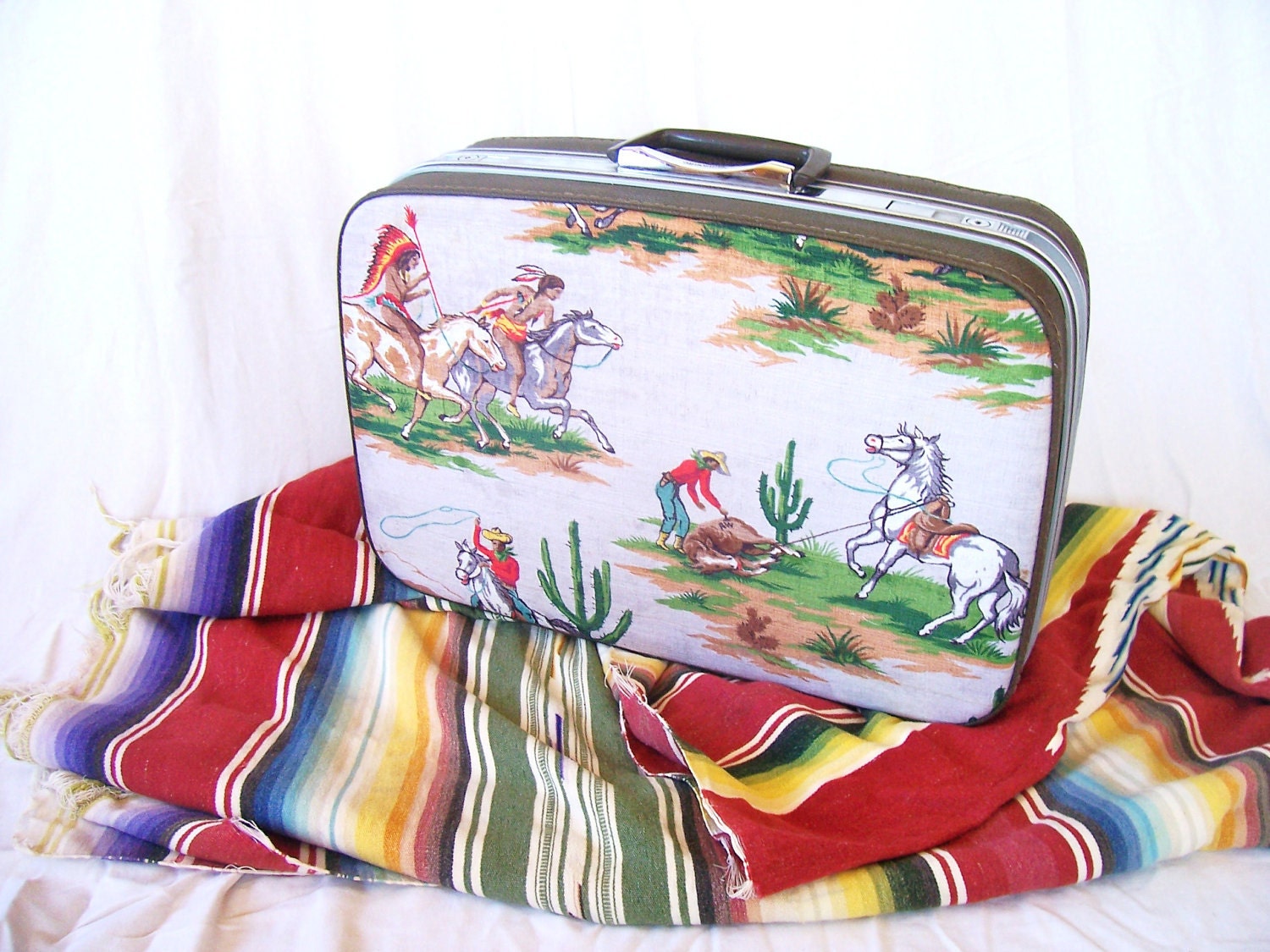 vintage upcycled suitcase, retro cowboy and indians fabric,  samsonite