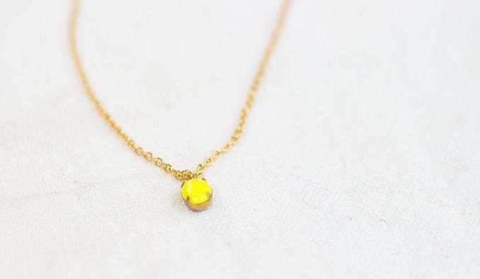 Vintage Yellow Glass Cabochon Necklace, Set Stone Necklace, Colored Stone Necklace, Rhinestone Necklace, Bezel Necklace