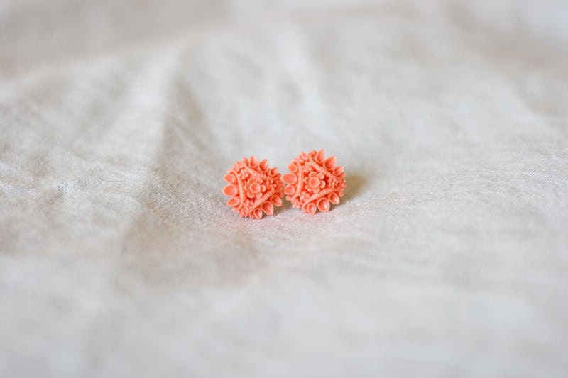 Pink Cabochon Earrings, Pink Flower Earrings, Floral Resin Earrings, Coral Flower Earrings