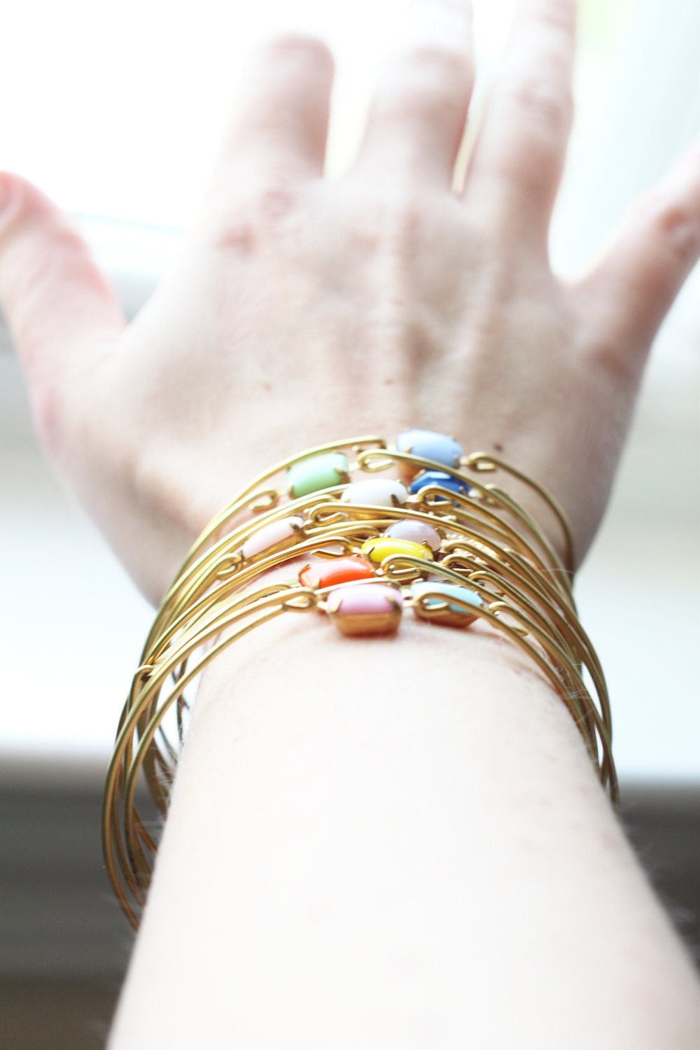 Orange Vintage Set Stone Bangle, Stackable Bangle, Gem Stone Bangle, Rhinestone Bangle, Bezel Bangle