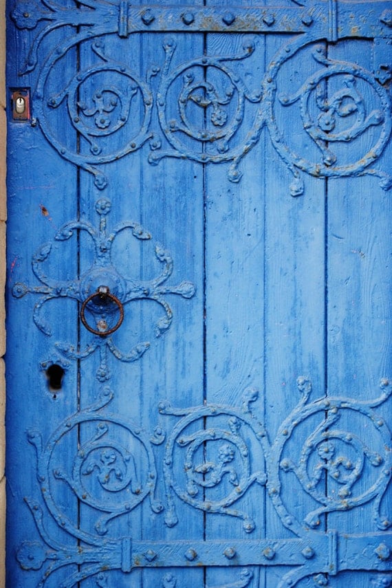 Found in Manchester, wooden blue church gate with decorations, original, signed Fine Art photo giclee print, 8" x 12" (Home Decor)