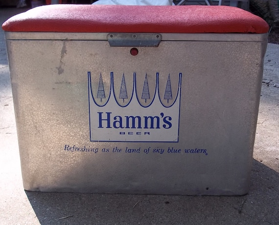 Vintage Hamms beer cooler with red padded seat. 1960 Brewriana