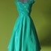 Vintage 1950s Teal with Turquoise Iridescent Party Dress with Full Circle Swing Skirt and Rhinestone Buttons Size 6 to 8 Small Medium