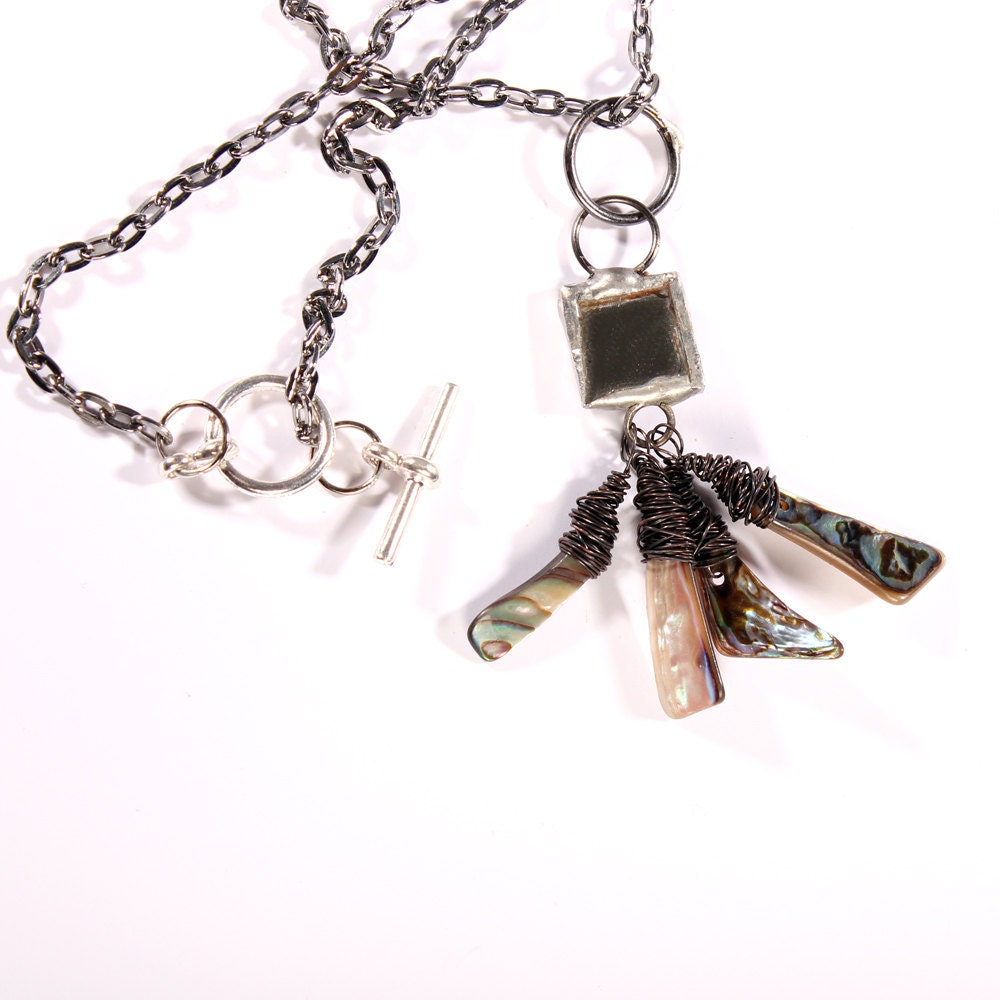 Dangle Necklace Abalone Shells Bohemian Jewelry - square mirror Pendant, witchy Magical Gypsy Fortune Teller Charm unique OOAK